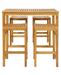Gymax 5 Pieces Patio Acacia Wood Bar Set Outdoor Bar Height Table and Saddle Stool Chairs Set