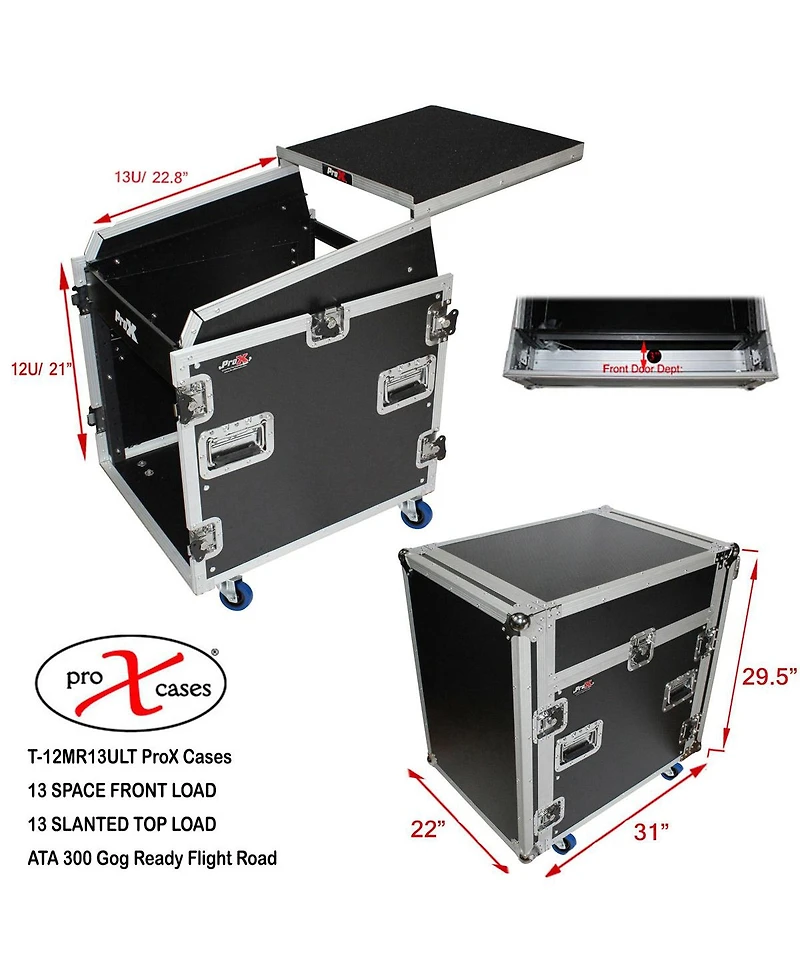 ProX T-12MRSS13ULT Flight Case with Laptop Shelf and Casters for 12U Rack x 13U Top Mixer Dj Combo