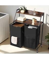 Ecooso 2-Tier Laundry Sorter, 2-Section Rolling Hamper with Wood Top, Ladder Shelves, Metal Frame, 600D Oxford Cloth Bags