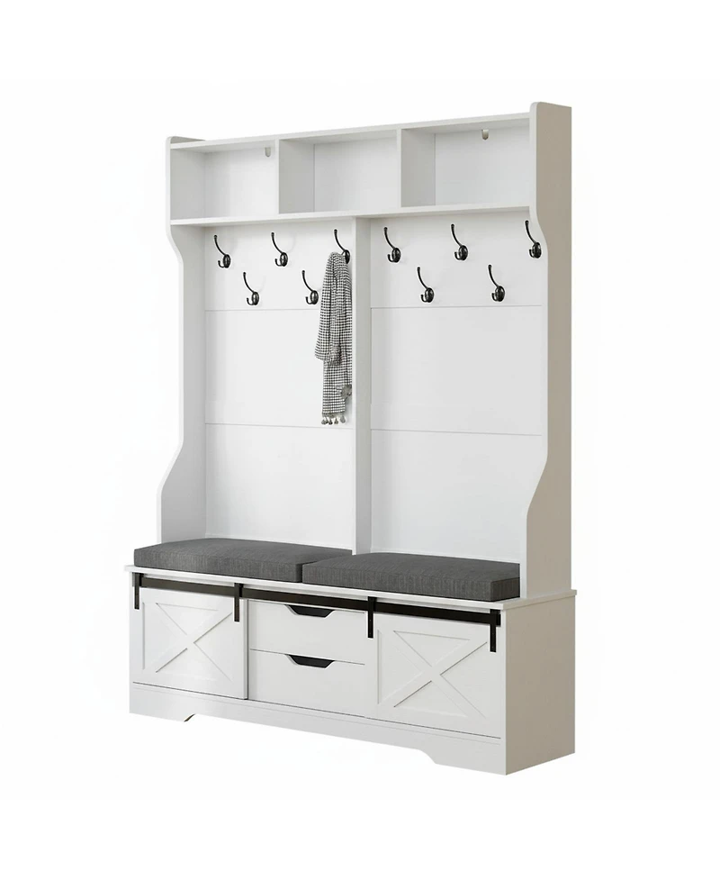 Yigii Hall Tree Bench Shoe Storage Coat Rack Farmhouse Barn Door 4in1 Cushioned Stool Hooks