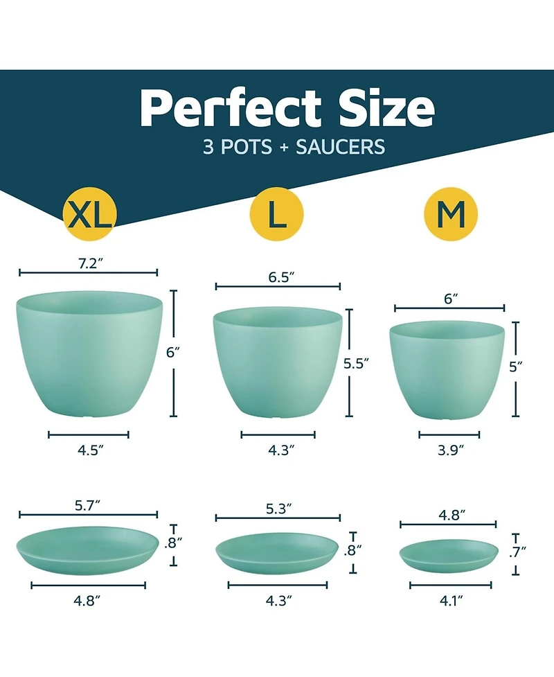 Lifemaster Set of 3 aqua plant pots with drainage holes and saucers. Stackable, durable, weatherproof, and perfect for indoor or outdoor use.