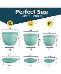 Lifemaster Set of 3 aqua plant pots with drainage holes and saucers. Stackable, durable, weatherproof, and perfect for indoor or outdoor use.