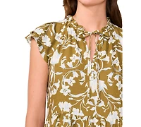 Msk Petite Split Tie Neck Flutter-Sleeve Printed Dress