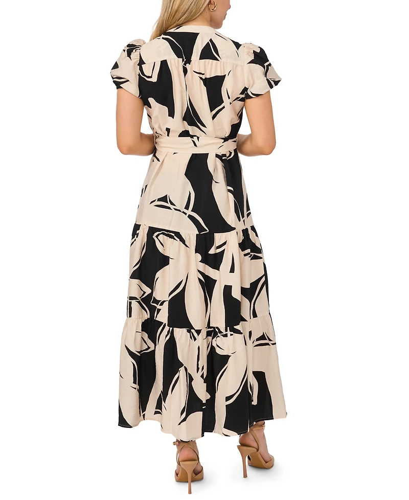Msk Petite Split Neck Belted Tiered Maxi Dress