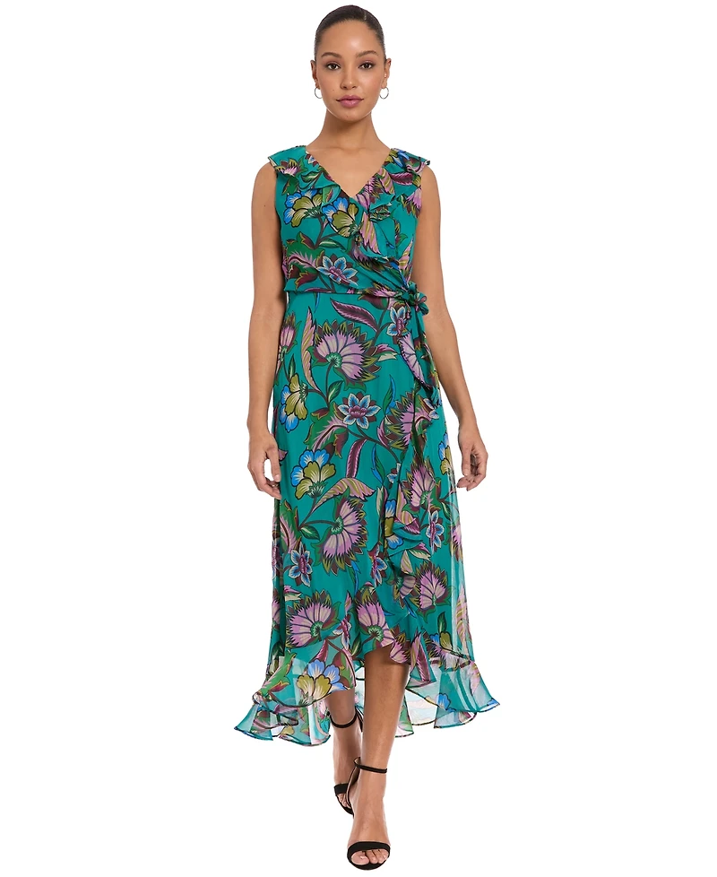 London Times Petite Ruffle Trim Surplice Neck High-Low Dress
