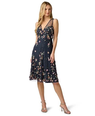 Adrianna Papell Women's Beaded Mesh Midi Dress