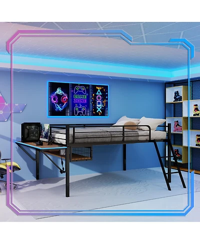Streamdale Furniture Metal Loft Bed with Desk, Led Lights, and Storage
