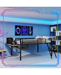 Streamdale Furniture Metal Loft Bed with Desk, Led Lights, and Storage