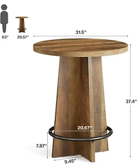 Tribesigns Tall Wooden Bar Table with Base and Metal Ring Footrest Round