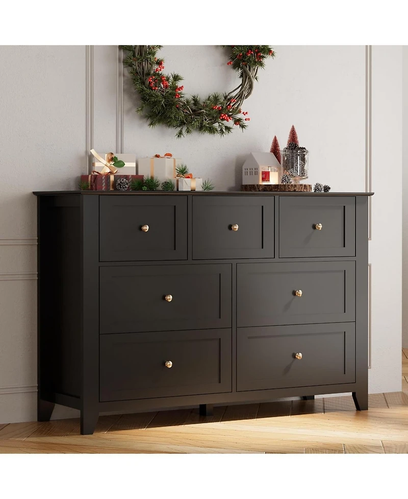 gaomon 7 Drawer Dresser, Modern Wood Chest With Gold Handles, Large Storage For Bedroom Or Hallway