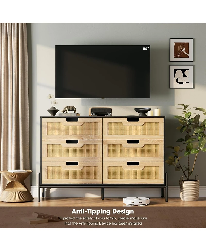 gaomon 6-Drawer Rattan Chest, Boho Wood Dresser for Bedroom