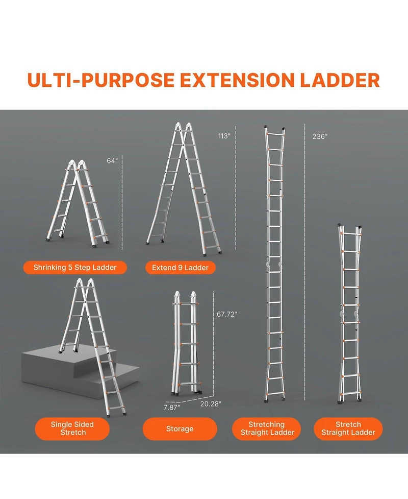Mecale 20 feet Telescoping A-Frame Ladder, Compact Aluminum Multi-Function Extension Ladder, Collapsible Design, 330 lb Load Capacity
