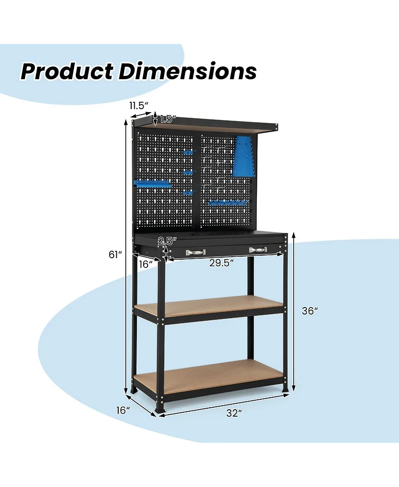 Mecale Tool Storage Workbench with Pegboard with 14 Hanging Accessories for Garage