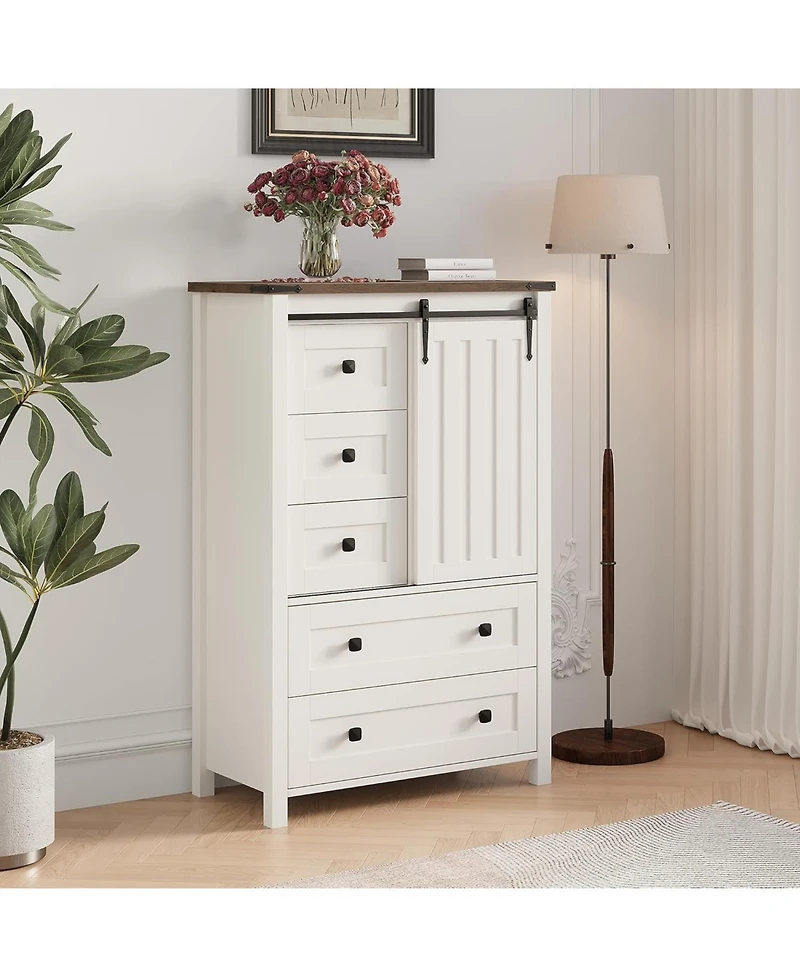 gaomon 5-Drawer Farmhouse Dresser With Barn Door And Shelves, Tall Chest