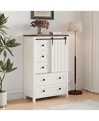 gaomon 5-Drawer Farmhouse Dresser With Barn Door And Shelves, Tall Chest