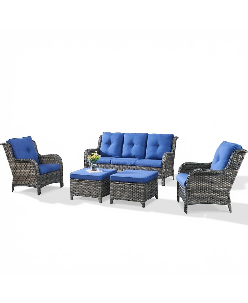 Pocassy 5-Pieces Patio Furniture Set, Outdoor Wicker Sofa Couch with Chairs Ottomans Red Cushions, All Weather High Back Modern Conversation Set