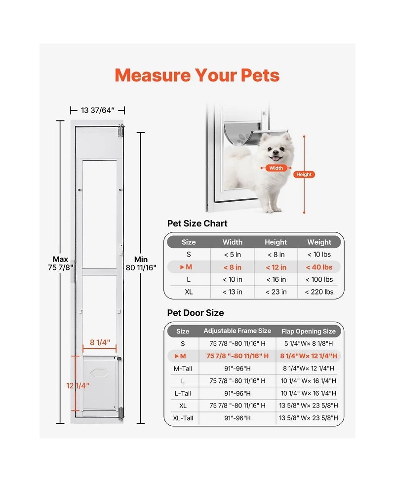 Cozito Dog Door for Sliding Glass Door Adjustable Height Medium Flap 180 Degree Swing, White
