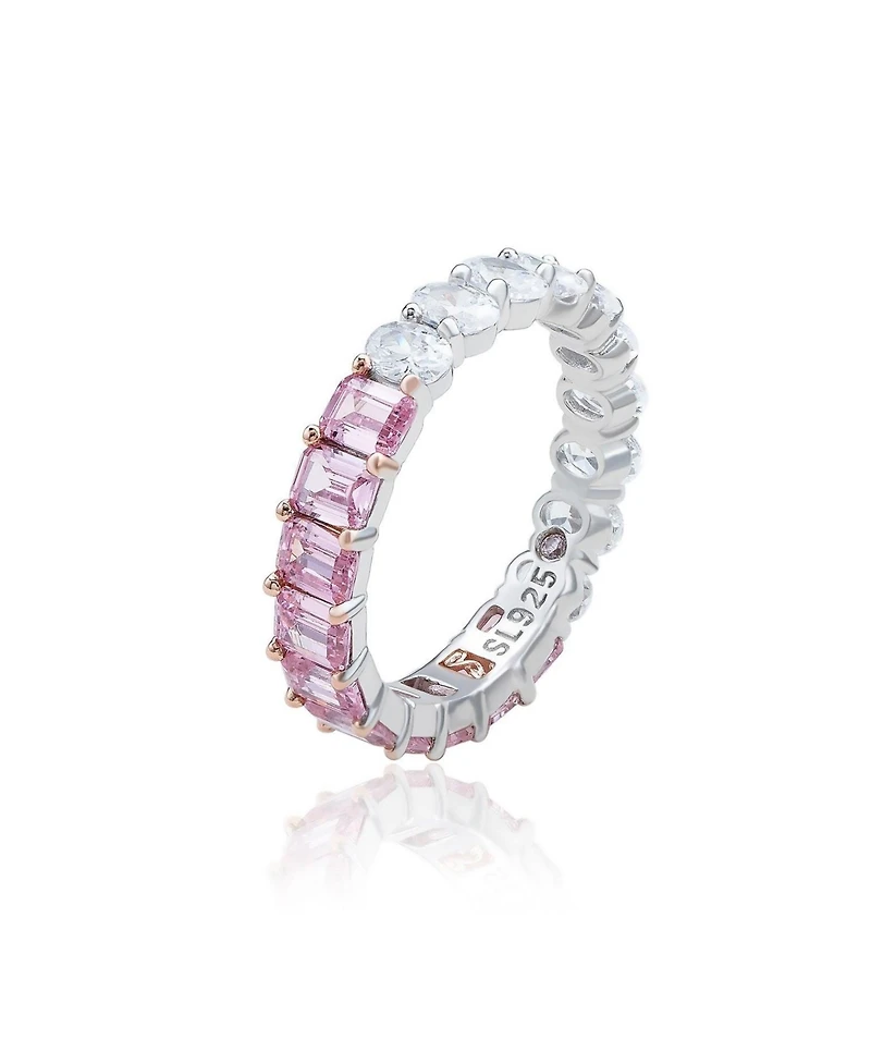 Suzy Levian Sterling Silver Half and Emerald-Cut Oval-cut Duo Eternity Band