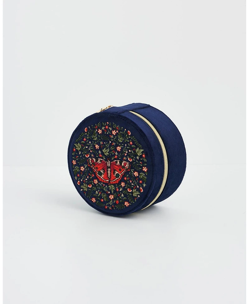 Fable England Women's Butterfly Velvet Embroidered Circle Jewellery Box