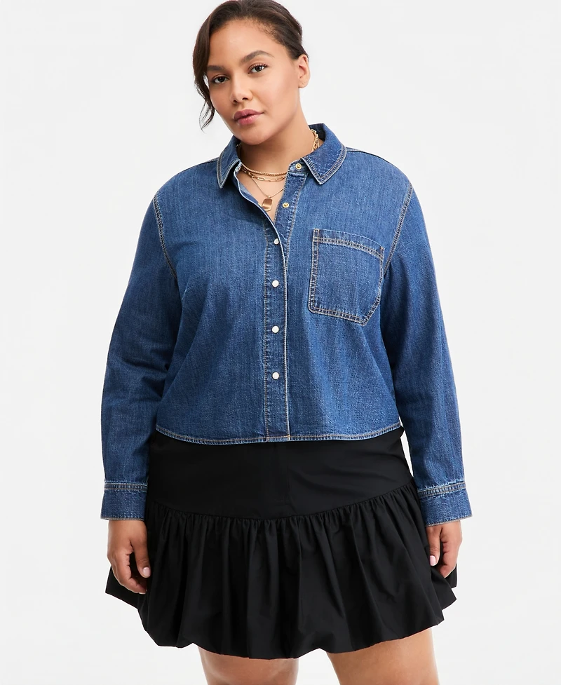 On 34th Trendy Plus Long-Sleeve Cropped Denim Shirt, Macy's Exclusive