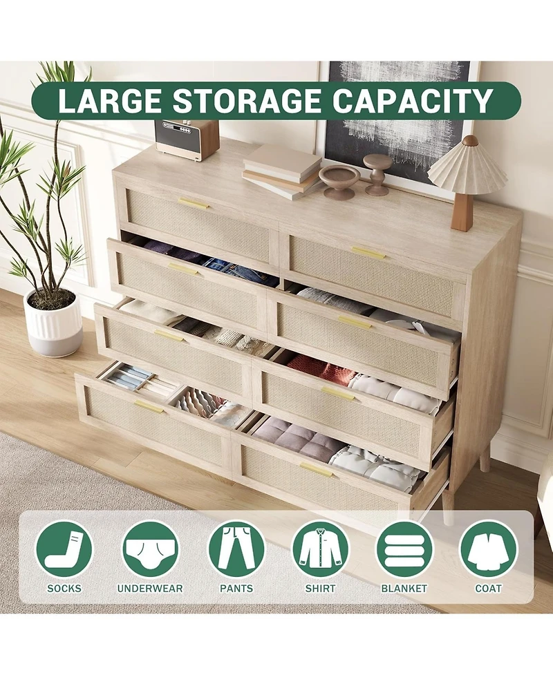 gaomon 8-Drawer Natural Rattan Dresser with 5 Legs & Gold Handles.