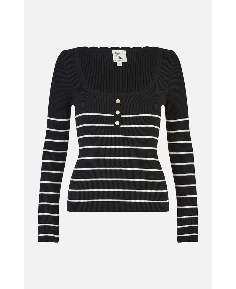 Yumi Women's Button Detail Long Sleeve Rib Knit Top