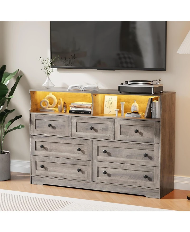 gaomon 7 Drawer Wood Dresser with Usb Charging & Led Lights, 2 Open Cubbies