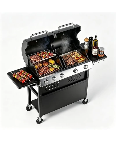 Xo Stainless Steel 5 Burners Gas Grill Griddle Combo for Backyard Patio, Total Cooking Area