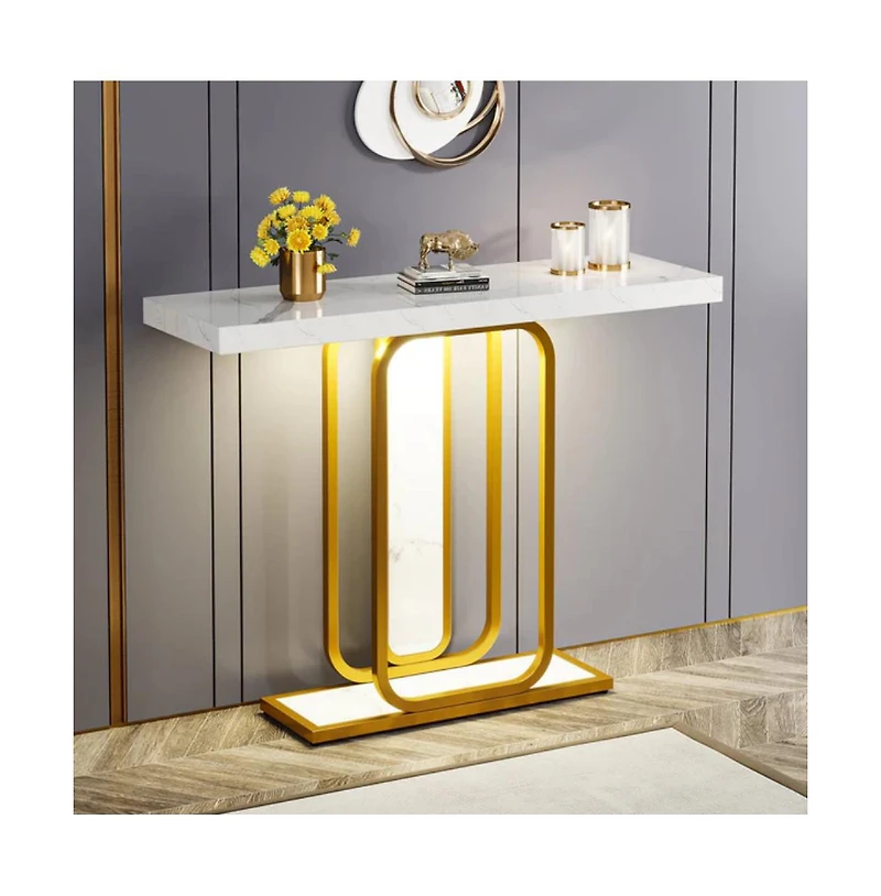 Slickblue Contemporary Console Table with Faux Marble Finish and Built-In Led Lights