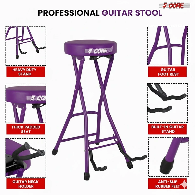 5 Core Guitar Stool 3.15" Padded Chair Foldable Heavy Duty Music Seat Built in Foot Rest Guitar Stand