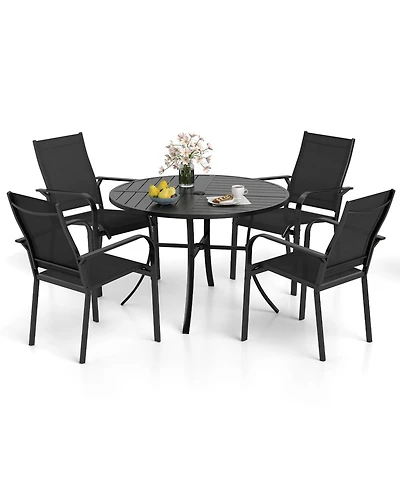 Gymax 5-Piece Patio Dining Set for 4Round Metal Table w/ Umbrella Hole and 4 Stackable