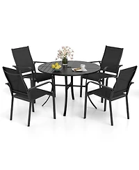 Gymax 5-Piece Patio Dining Set for 4Round Metal Table w/ Umbrella Hole and 4 Stackable
