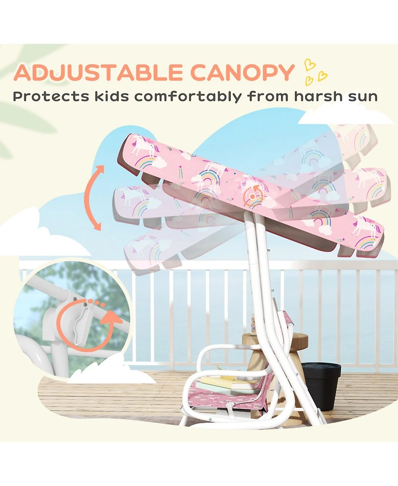 Qaba Kids Porch Swing with 2-Seater, Safety Belts, Adjustable Canopy