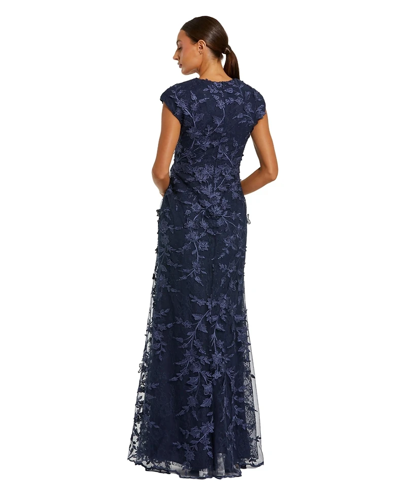 Mac Duggal Petite Faux Wrap Embroidered Cap Sleeve Gown