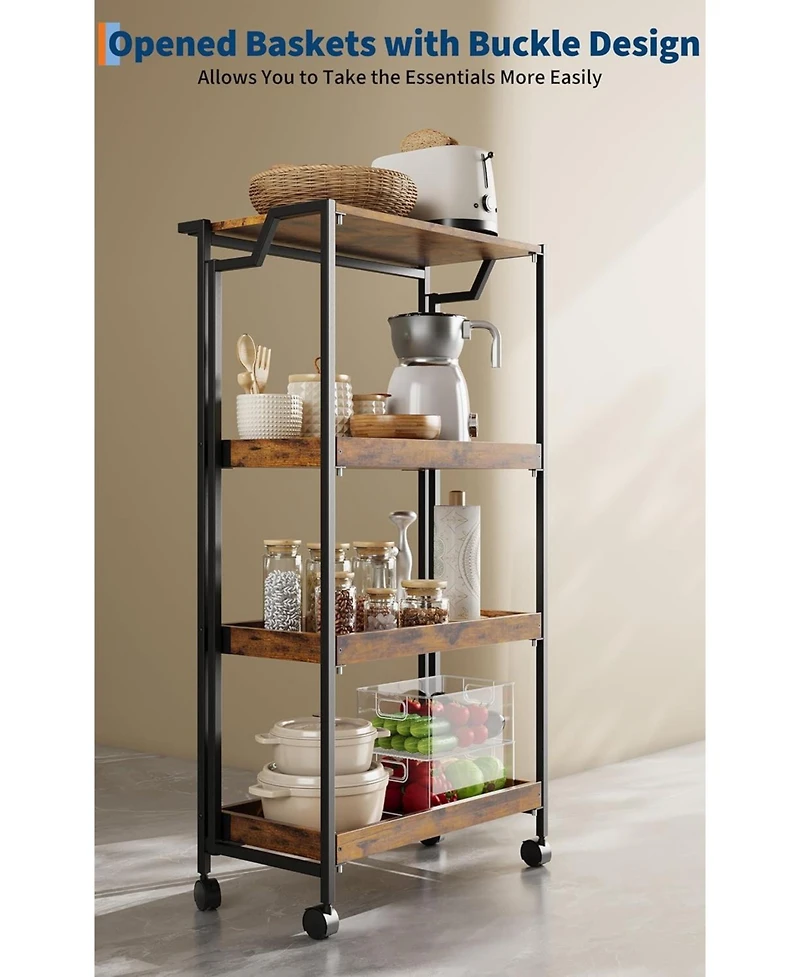 gaomon Large 4-Tier Collapsible Wooden Storage Shelf with Locking Wheels 100 lbs Capacity No Assembly Required Space-Saving Organizer