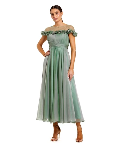 Mac Duggal Women's Chiffon Illusion Neck Midi Dress With 3D Flowers