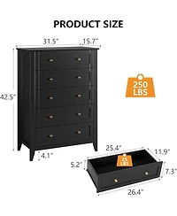 gaomon Modern 5 Drawer Wood Dresser, Tall Chest with Handles and Deep Drawers