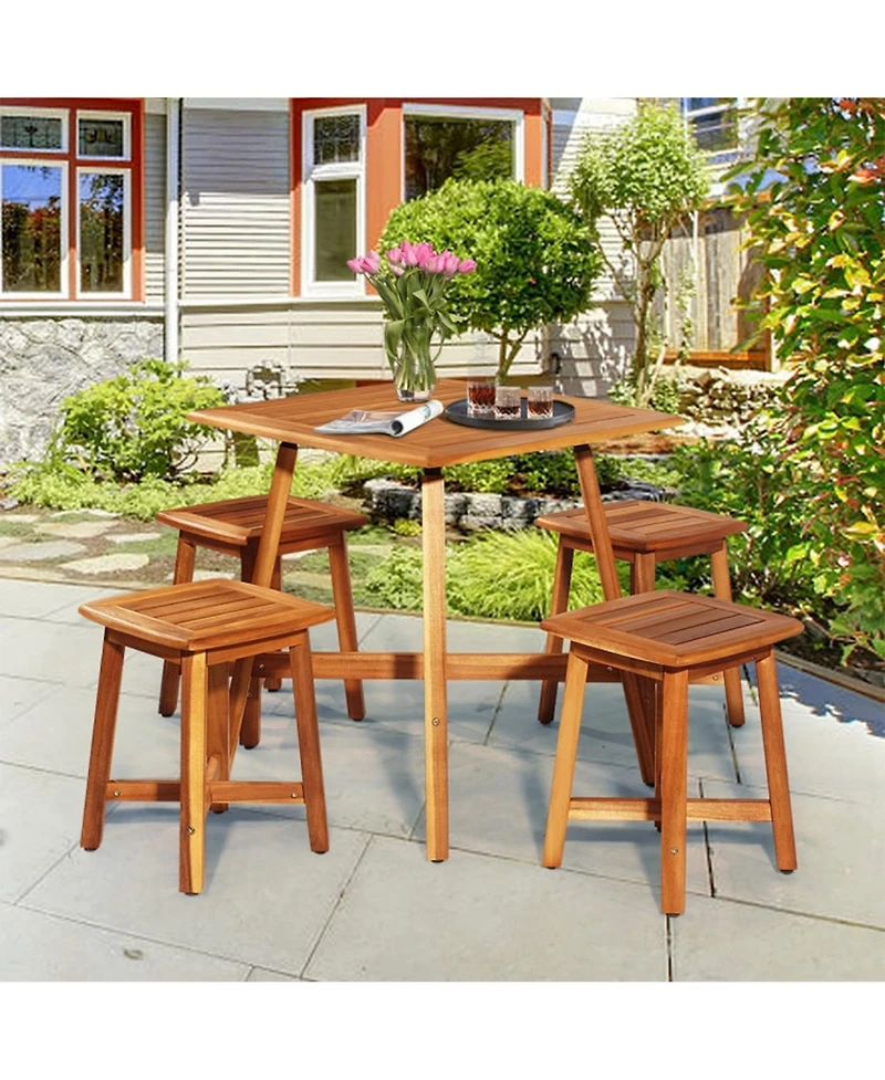 Clihome 5 Pieces Wood Patio Dining Set with Square Table and 4 Stools
