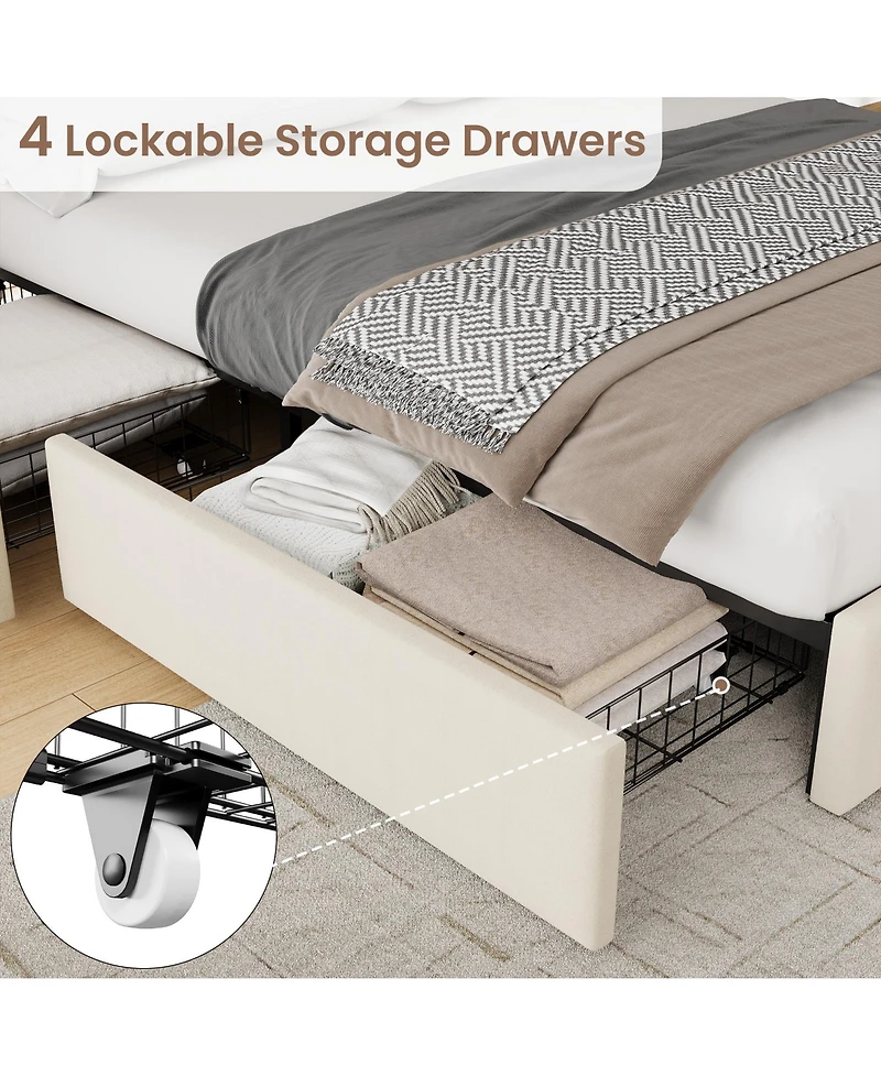 gaomon Velvet Upholstered Platform Bed with 4 Drawers - Adjustable Headboard, No Box Spring Needed, Easy Assembly