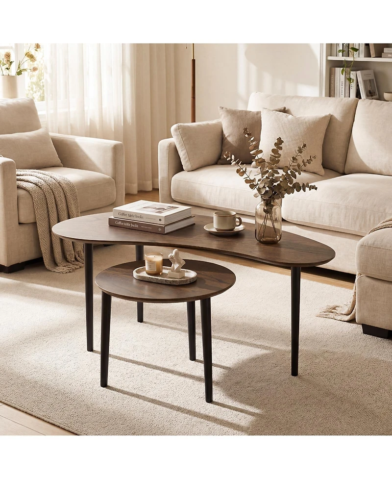 Gymax Nest Coffee Tables Set of 2 Modern Accent Tables w/ Solid Wood Support Legs