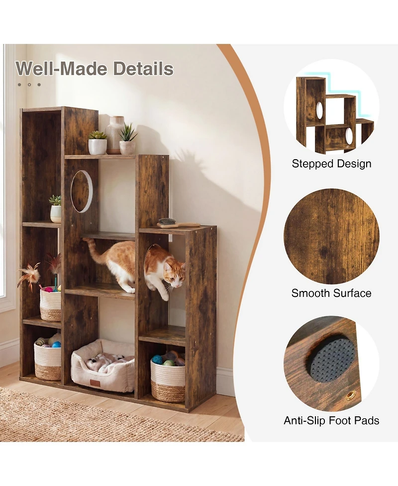 Gymax Modern Cat Bookshelf w/ 2 Round Holes Anti-Tipping Device for Living Room