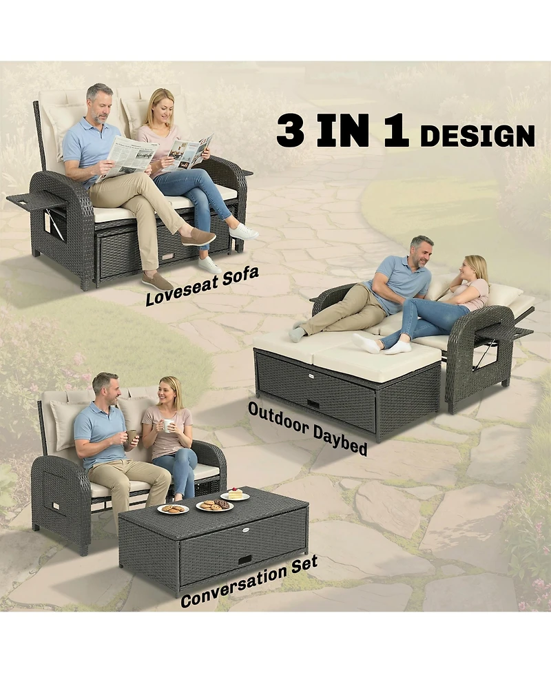 Outsunny Outdoor Patio Rat Daybed with Storage Ottoman