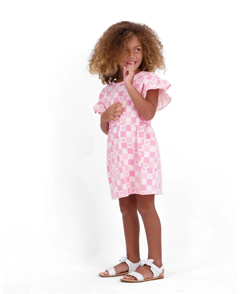 Andy & Evan Toddler Girls Printed Checker Jersey Dress With Ruffle Sleeve