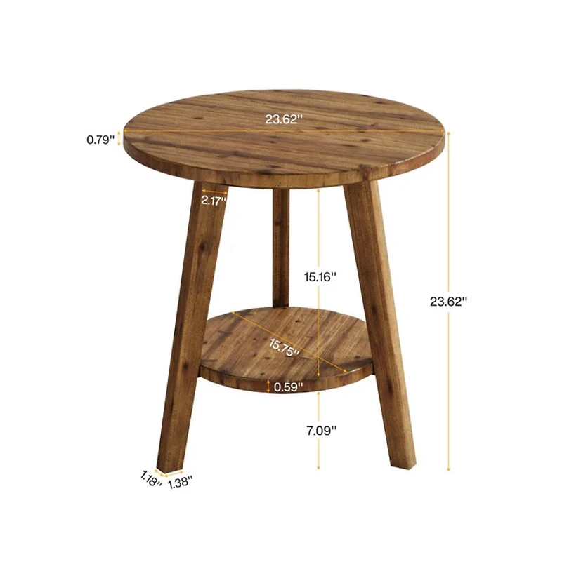 Slickblue Rustic Solid Wood End Table with Round Top and Storage Shelf