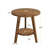 Slickblue Rustic Solid Wood End Table with Round Top and Storage Shelf