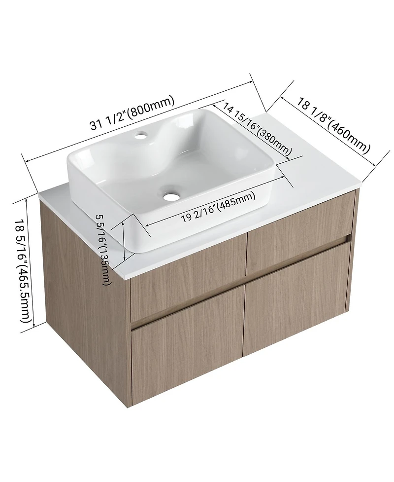 Sillysis Inch Wall Mounted Bathroom Vanity with Ceramic Sink, Storage Drawers and Wood Grain Finish for Modern Bathrooms