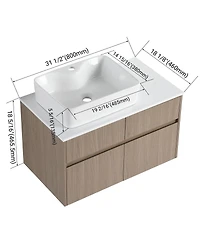 Sillysis Inch Wall Mounted Bathroom Vanity with Ceramic Sink, Storage Drawers and Wood Grain Finish for Modern Bathrooms