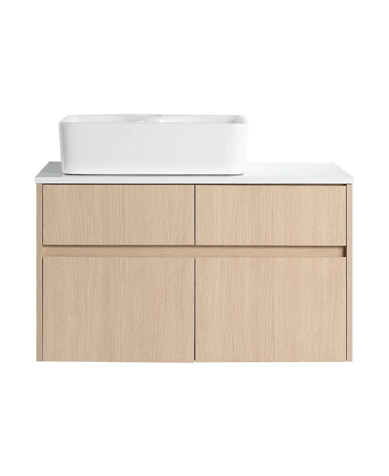 Sillysis Inch Wall Mounted Bathroom Vanity with Ceramic Sink, Storage Drawers and Wood Grain Finish for Modern Bathrooms