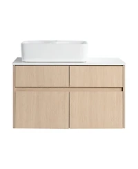 Sillysis Inch Wall Mounted Bathroom Vanity with Ceramic Sink, Storage Drawers and Wood Grain Finish for Modern Bathrooms