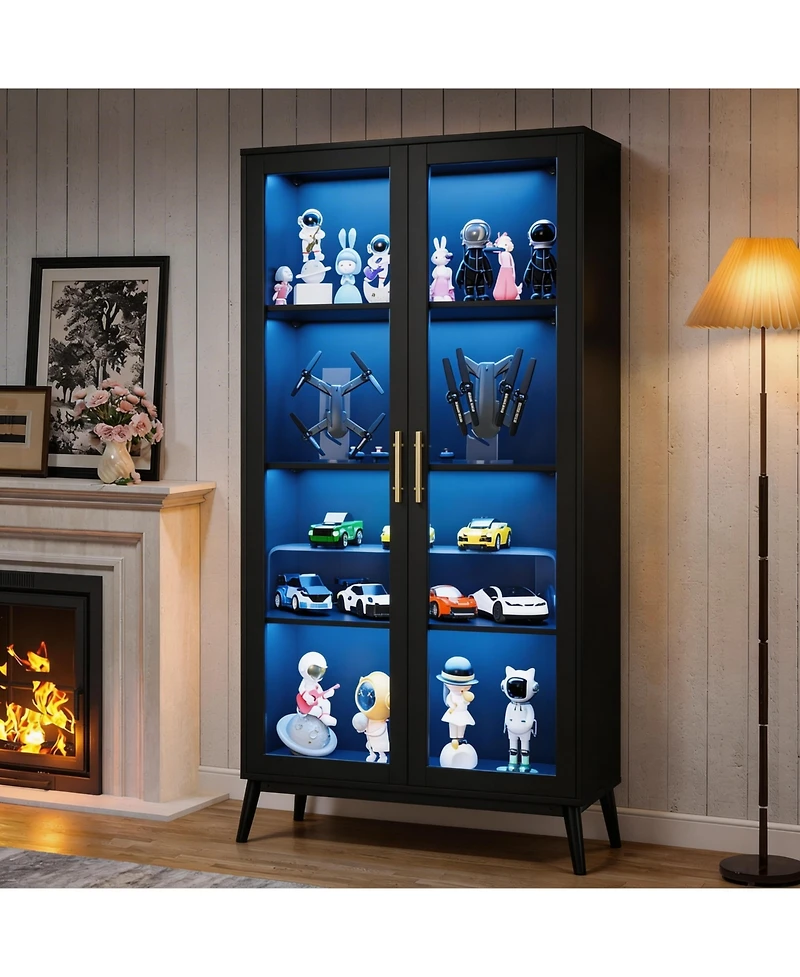 homfan Set of 2 Glass Display Cabinet with Led Lights - 4-Tier Curio Cabinet with Glass Doors, Smart Sensor and Usb Charging
